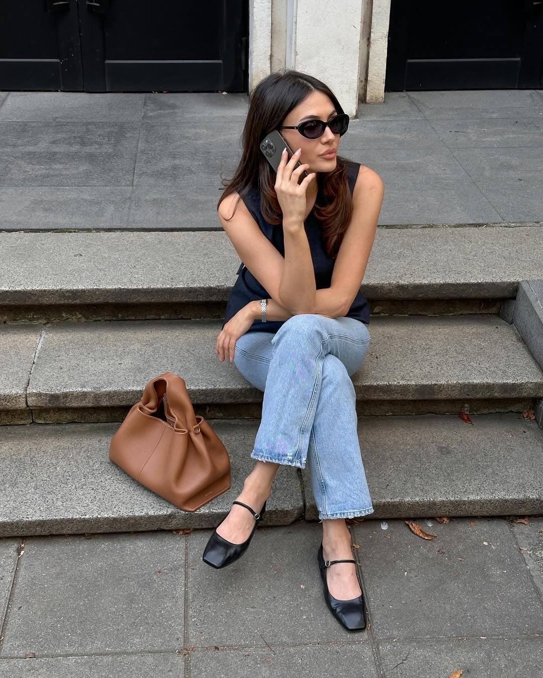 Black Sleeveless Top with Straight Leg Jeans and Square Toe Flats — Trendy Ballet Flats Outfits