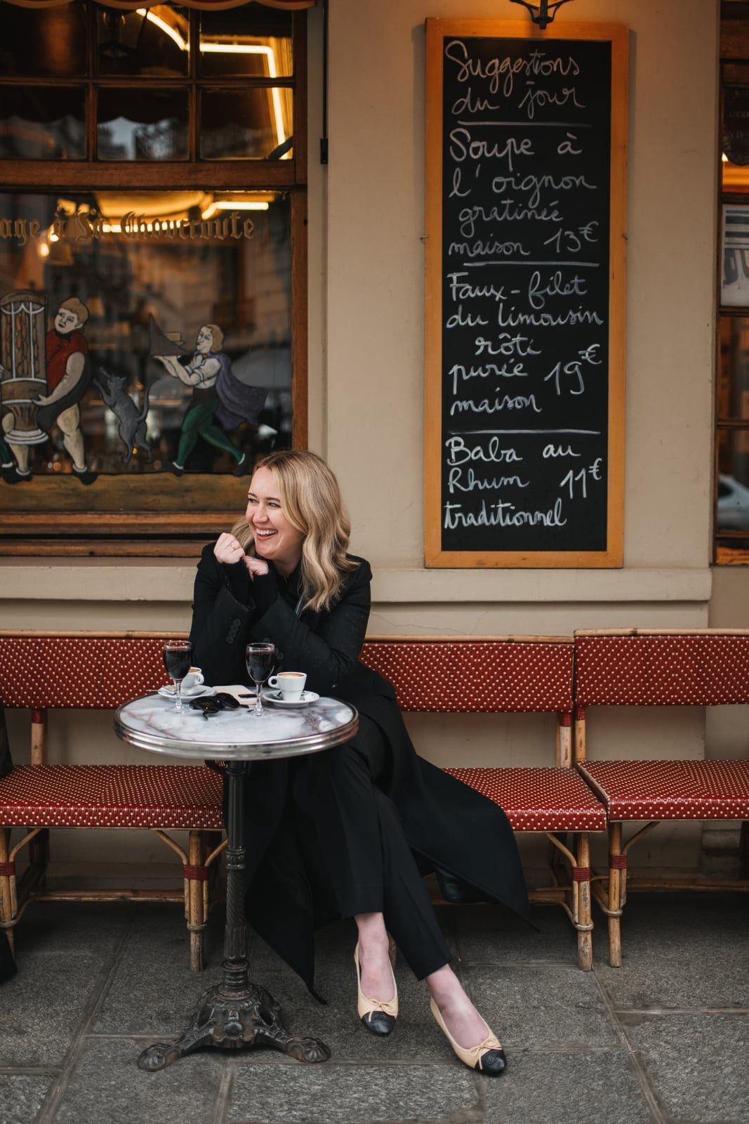 Long Black Coat with Straight Leg Trousers and Two-Tone Flats — Trendy Ballet Flats Outfits
