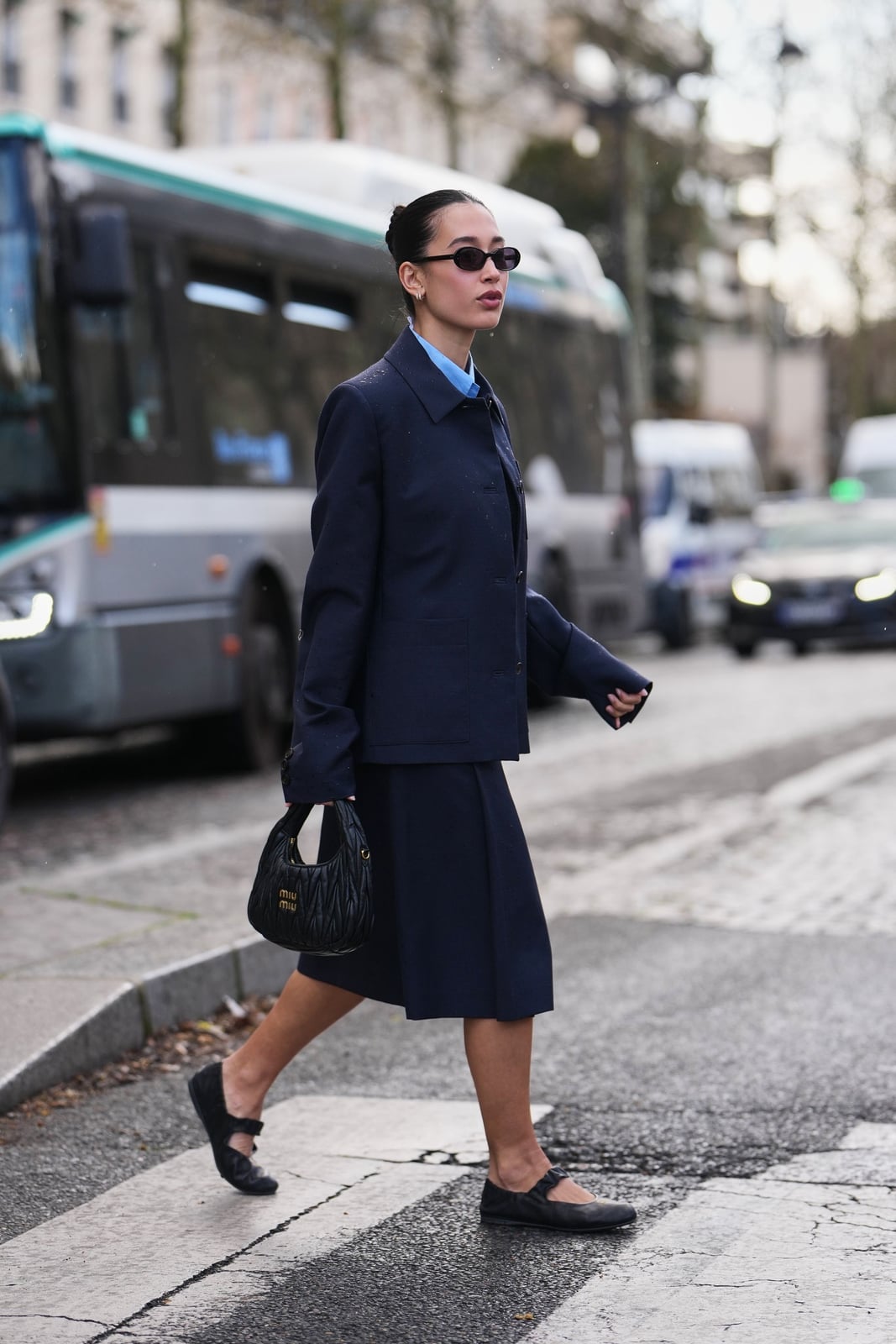 Navy Oversized Blazer and Midi Skirt with Black Ballet Flats — Trendy Ballet Flats Outfits