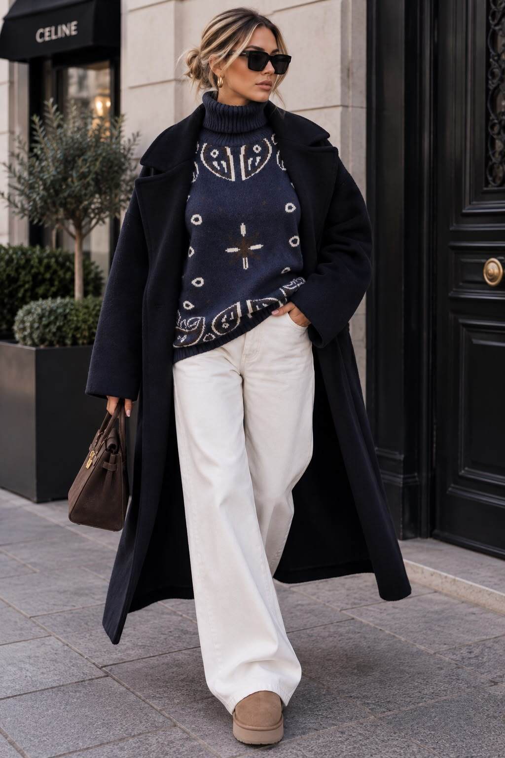 Navy Wool Coat with Bandana Pattern Turtleneck Navy Wool Coat with Bandana Pattern Turtleneck — Trendy Bandana Outfits