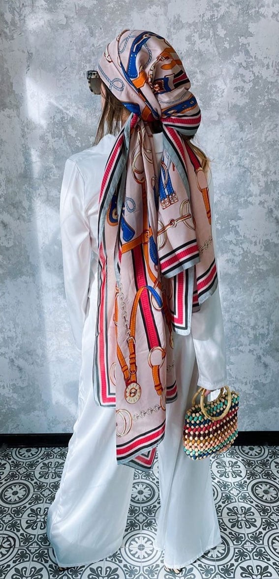 White Dress with Large Silk Scarf Headwrap White Dress with Large Silk Scarf Headwrap — Trendy Bandana Outfits