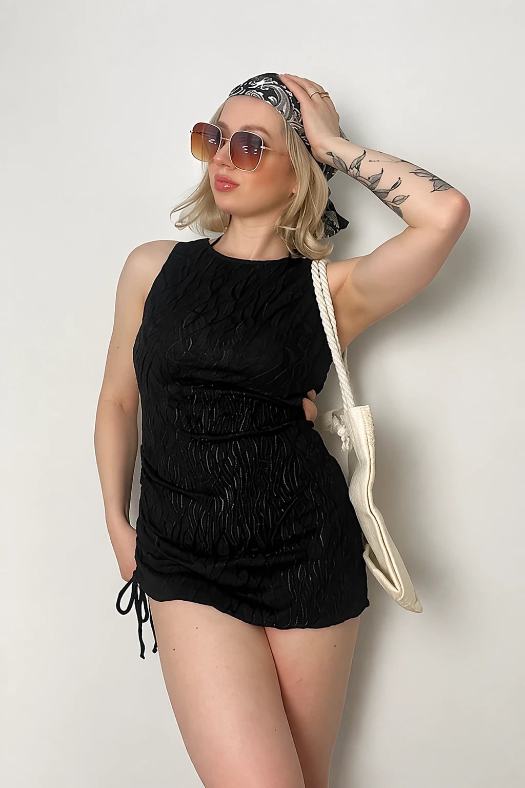 Black Textured Mini Dress with Bandana Headscarf Black Textured Mini Dress with Bandana Headscarf — Trendy Bandana Outfits