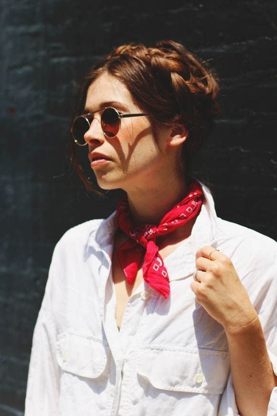 White Button-Up Shirt with Red Bandana Neck Scarf White Button-Up Shirt with Red Bandana Neck Scarf — Trendy Bandana Outfits