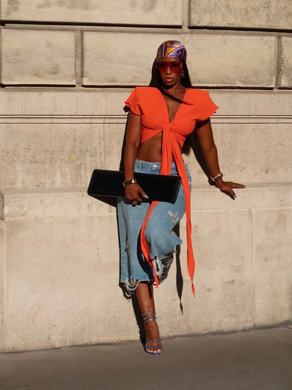 Vibrant Orange Tie-Front Top with Patterned Silk Headscarf Vibrant Orange Tie-Front Top with Patterned Silk Headscarf — Trendy Bandana Outfits
