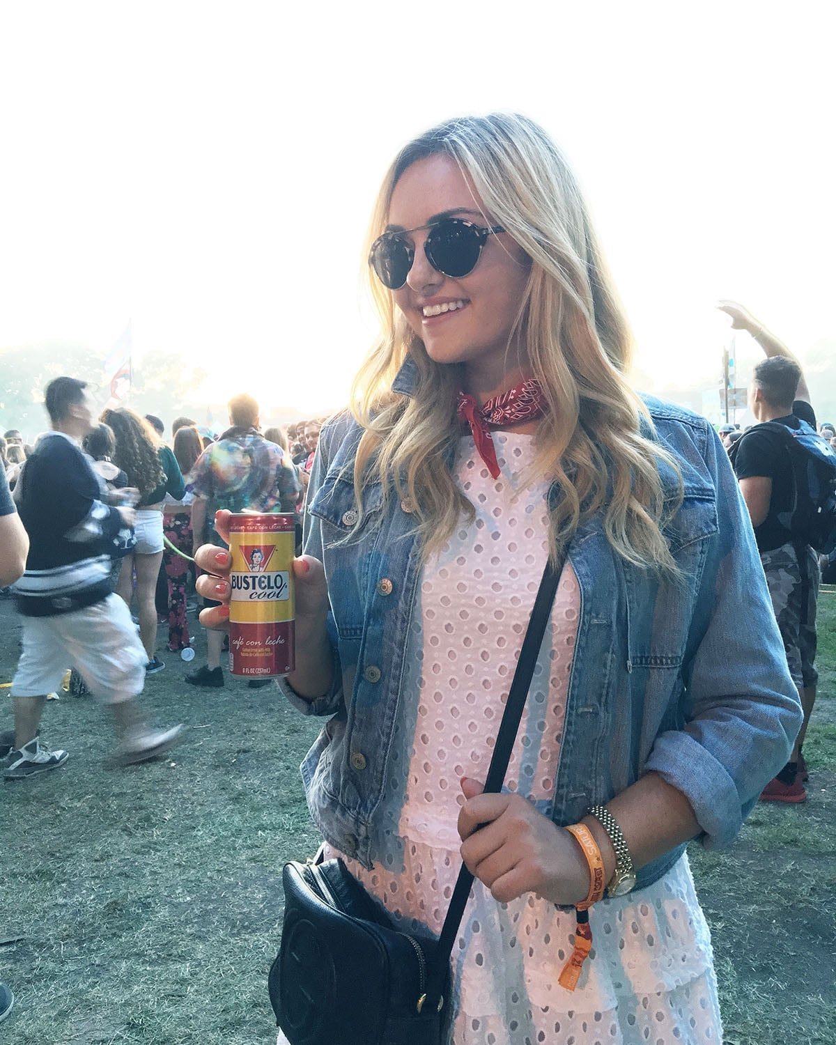 Denim Jacket with White Eyelet Dress and Red Bandana Denim Jacket with White Eyelet Dress and Red Bandana — Trendy Bandana Outfits