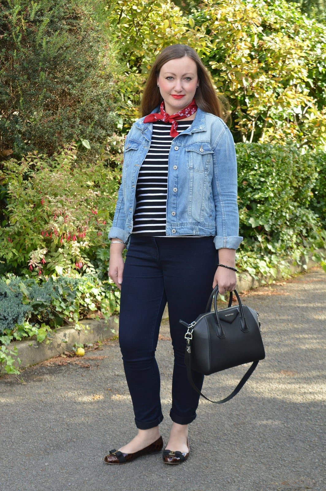 Denim Jacket with Striped T-Shirt and Red Bandana Denim Jacket with Striped T-Shirt and Red Bandana — Trendy Bandana Outfits