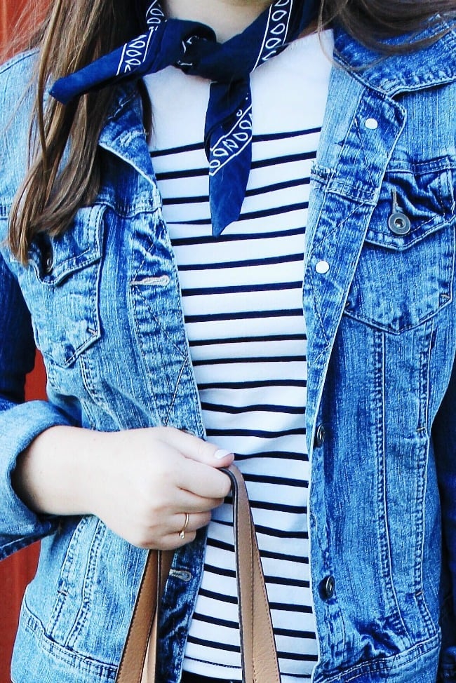 Denim Jacket with Striped T-Shirt and Blue Bandana, Close-Up Take Denim Jacket with Striped T-Shirt and Blue Bandana, Close-Up Take — Trendy Bandana Outfits