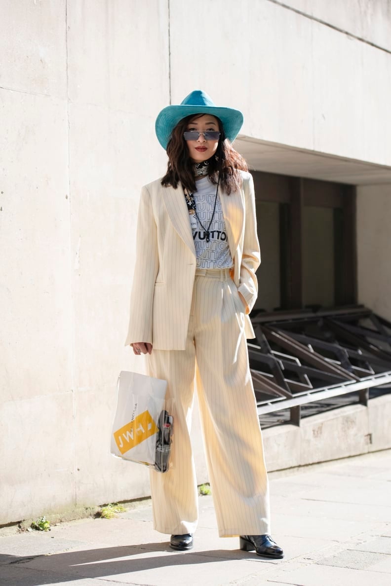Oversized Cream Pinstripe Suit with Blue Cowboy Hat Oversized Cream Pinstripe Suit with Blue Cowboy Hat — Trendy Bandana Outfits