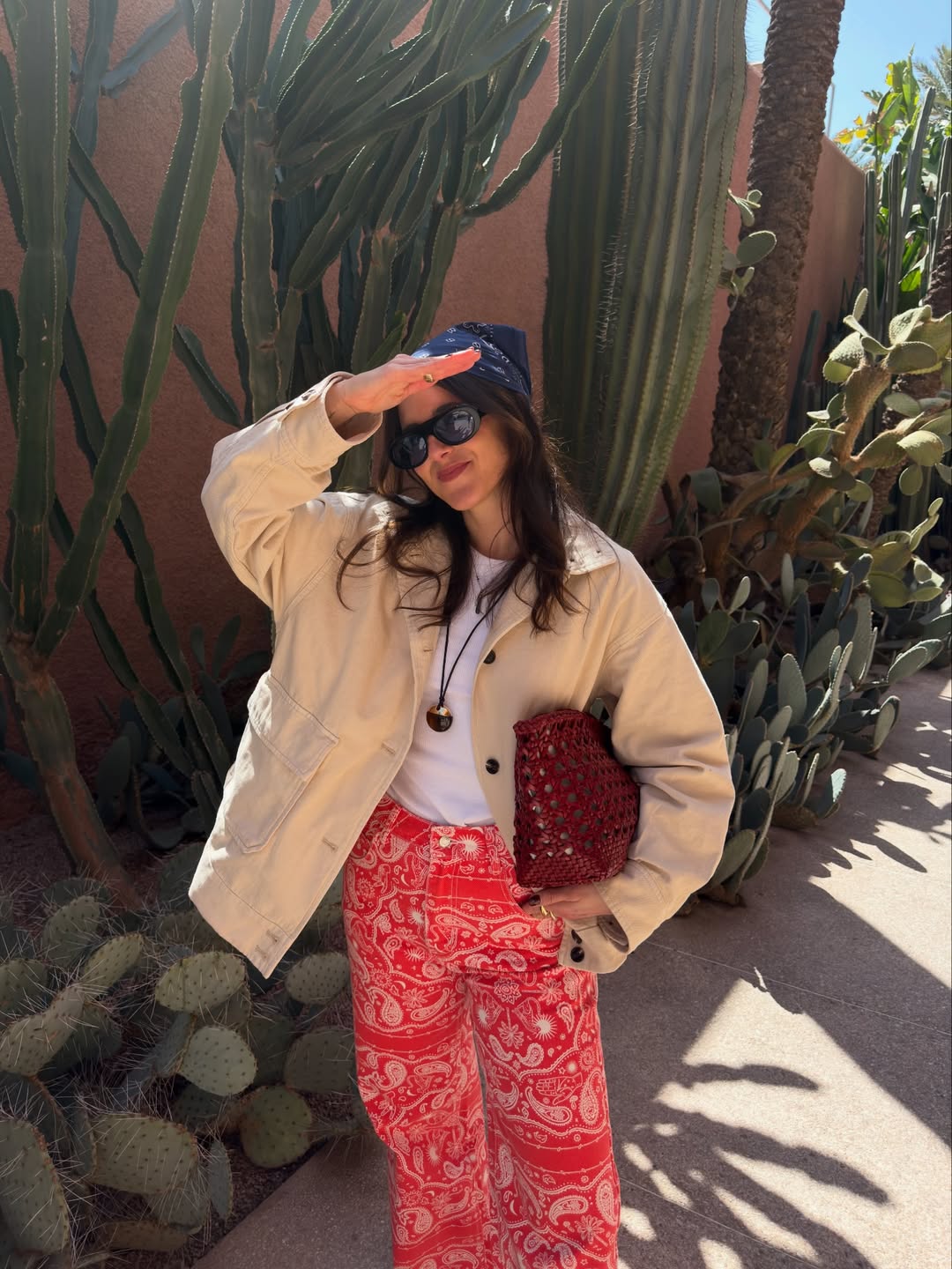 Beige Utility Jacket with Paisley Print Trousers Beige Utility Jacket with Paisley Print Trousers — Trendy Bandana Outfits