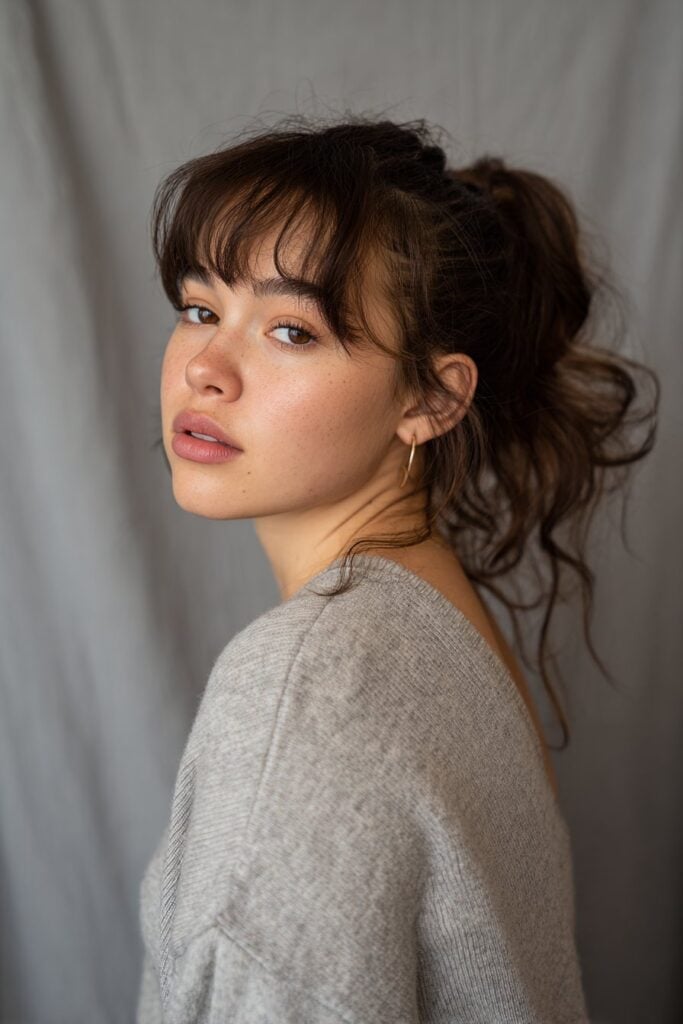 Long Wavy Dark Brown Messy Ponytail With Wispy Bangs Long Wavy Dark Brown Messy Ponytail With Wispy Bangs — Trendy Bangs Style