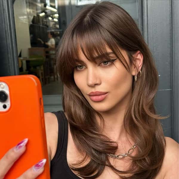 Collarbone Medium Brown With Curtain Bangs Collarbone Medium Brown With Curtain Bangs — Trendy Bangs Style