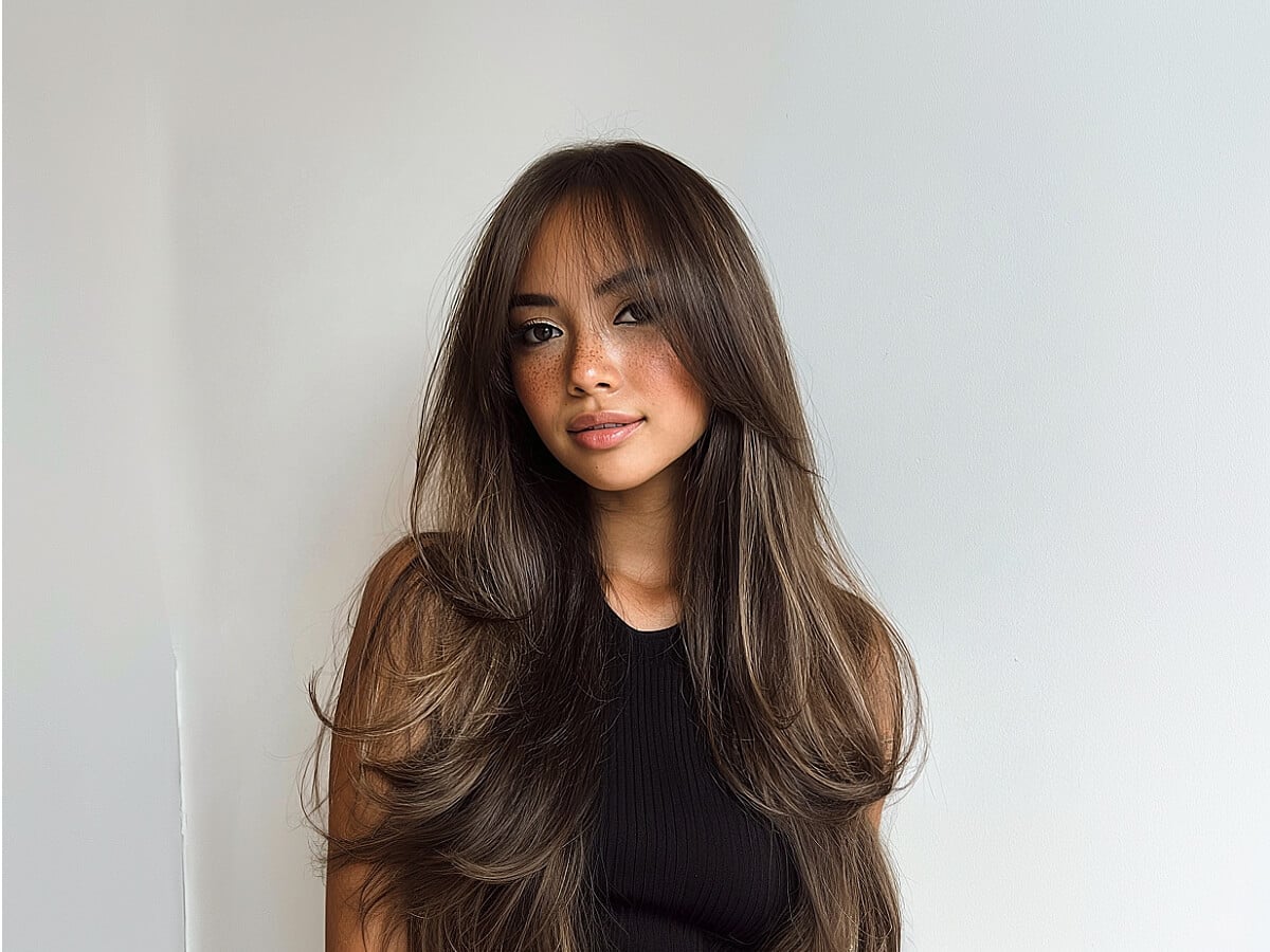 Mid-Back Dark Brown With Balayage And Curtain Bangs Mid-Back Dark Brown With Balayage And Curtain Bangs — Trendy Bangs Style