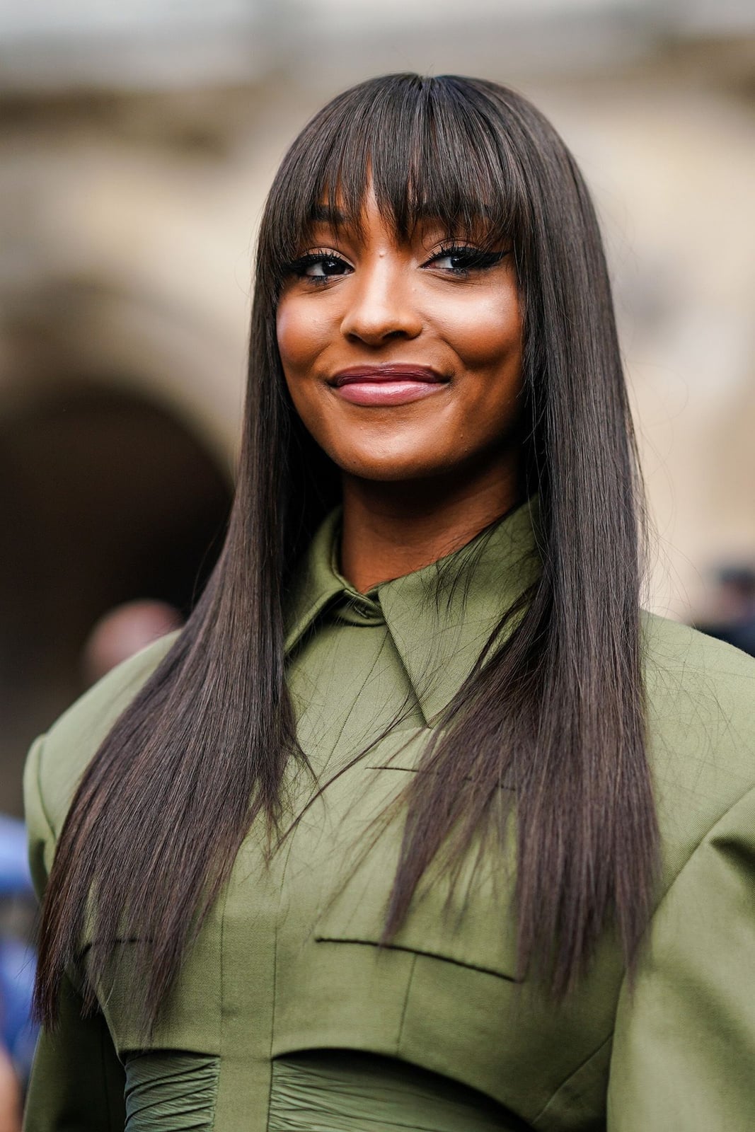 Mid-Back Dark Brown With Full Straight Bangs Mid-Back Dark Brown With Full Straight Bangs — Trendy Bangs Style