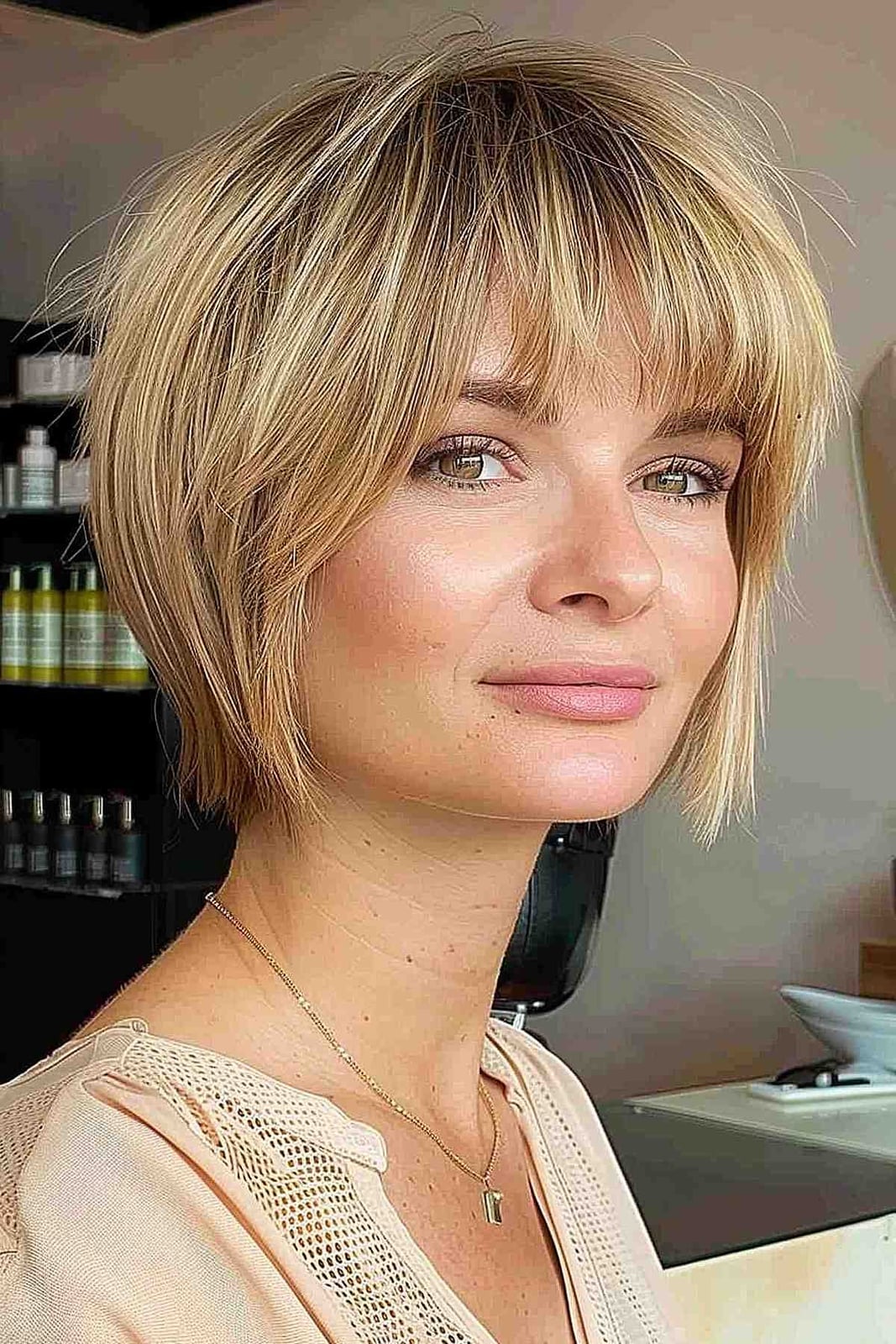 Chin Length Blonde Shag With Full Bangs Chin Length Blonde Shag With Full Bangs — Trendy Bangs Style
