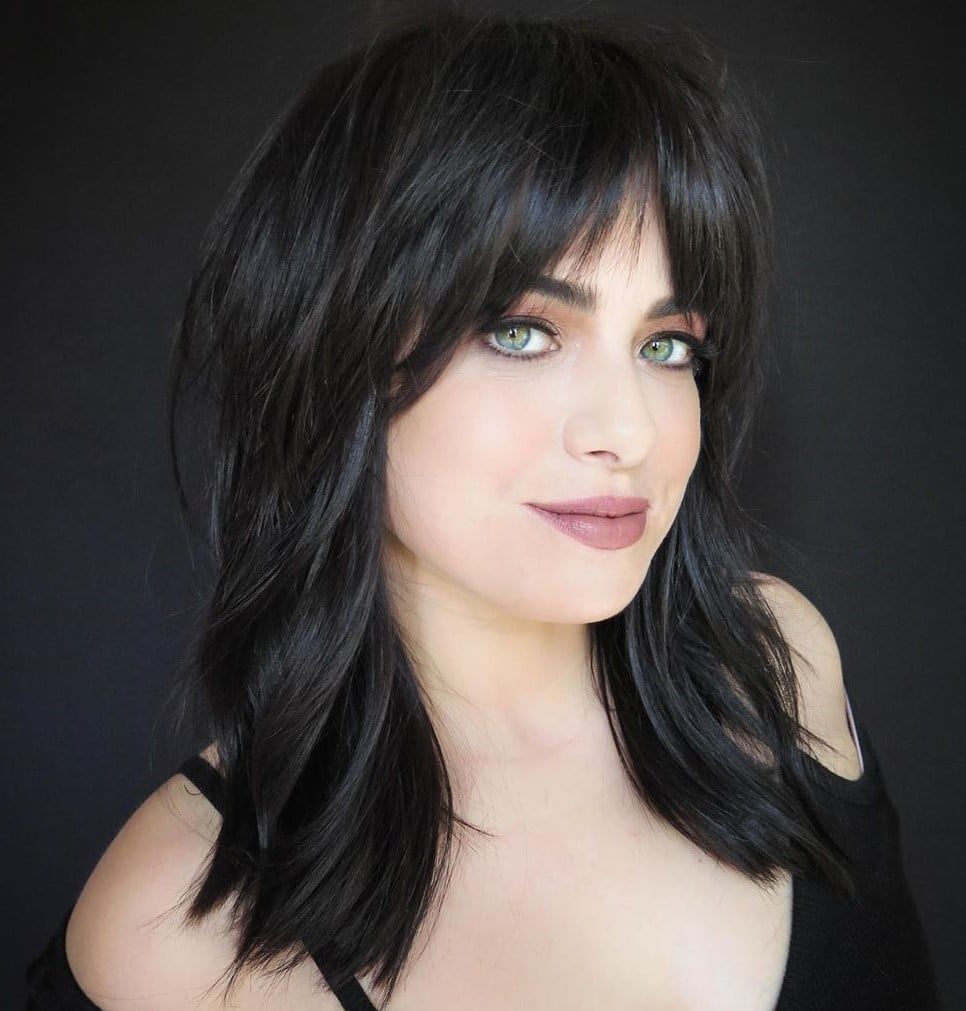 Shoulder Length Dark Brown Shag With Choppy Bangs Shoulder Length Dark Brown Shag With Choppy Bangs — Trendy Bangs Style