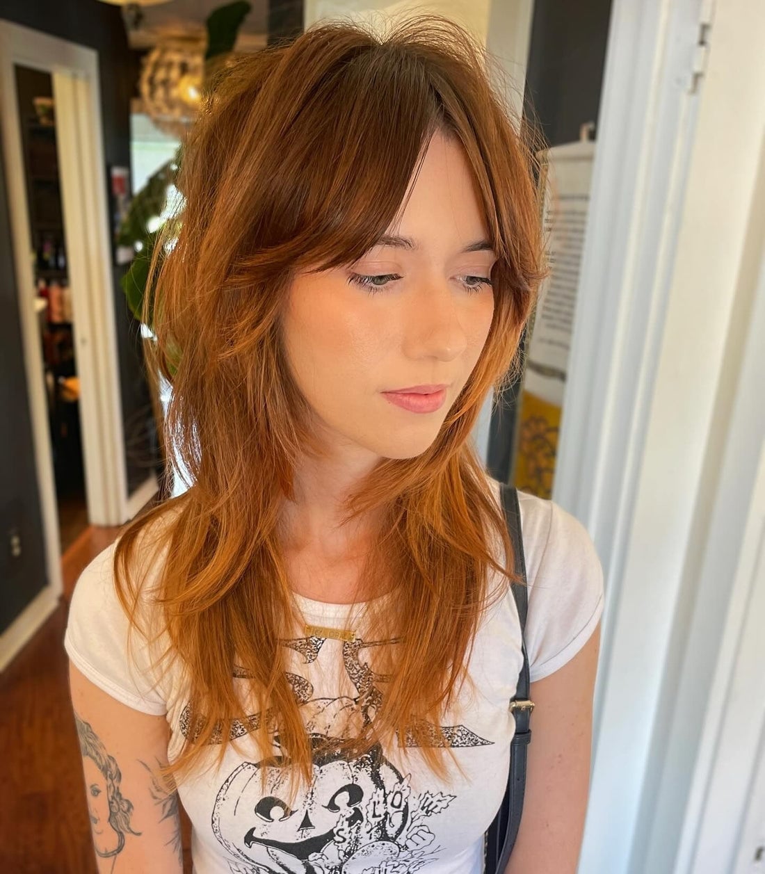 Mid-Length Copper Shag With Messy Fringe Mid-Length Copper Shag With Messy Fringe — Trendy Bangs Style