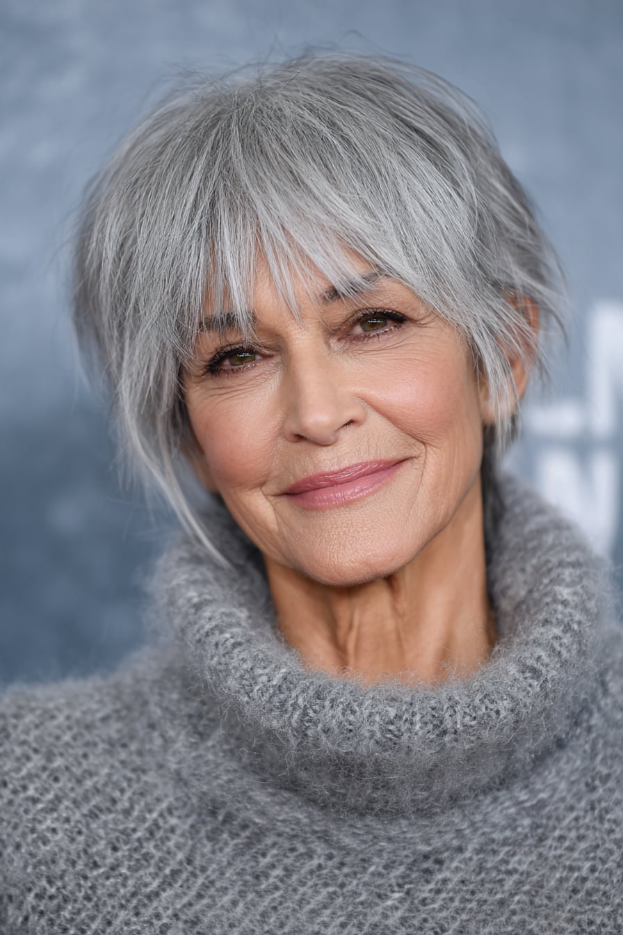 Short Silver Grey Shag With Wispy Bangs Short Silver Grey Shag With Wispy Bangs — Trendy Bangs Style