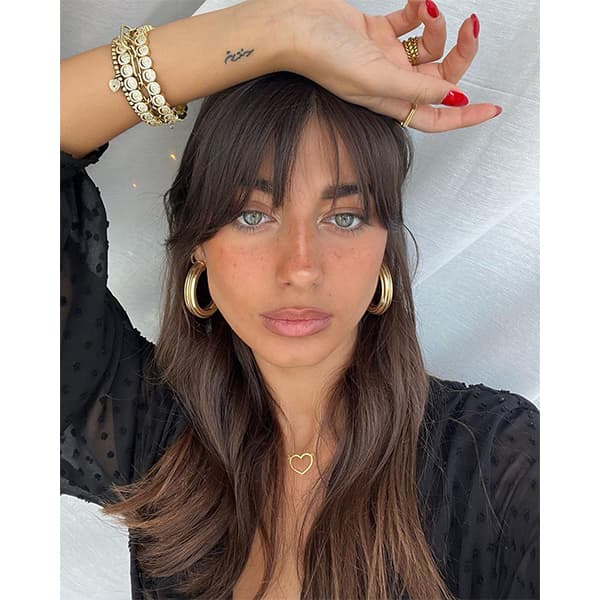 Mid-Back Dark Blonde With Balayage And Curtain Bangs and Long Layers Mid-Back Dark Blonde With Balayage And Curtain Bangs and Long Layers — Trendy Bangs Style