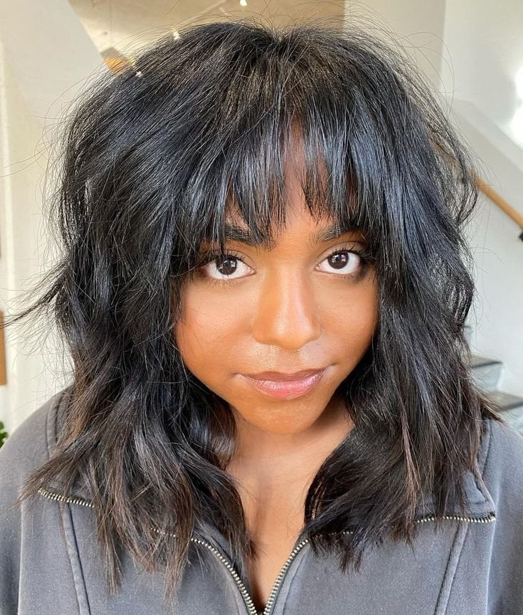 Collarbone Dark Brown Shag With Full Fringe Collarbone Dark Brown Shag With Full Fringe — Trendy Bangs Style