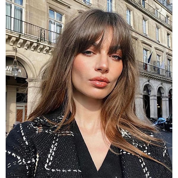 Mid-Back Medium Brown With Full Fringe Mid-Back Medium Brown With Full Fringe — Trendy Bangs Style