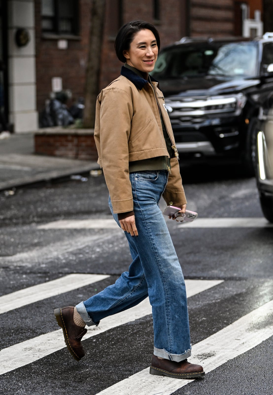 Cropped Tan Barn Jacket With Olive Sweater — Trendy Barn Jacket Outfit