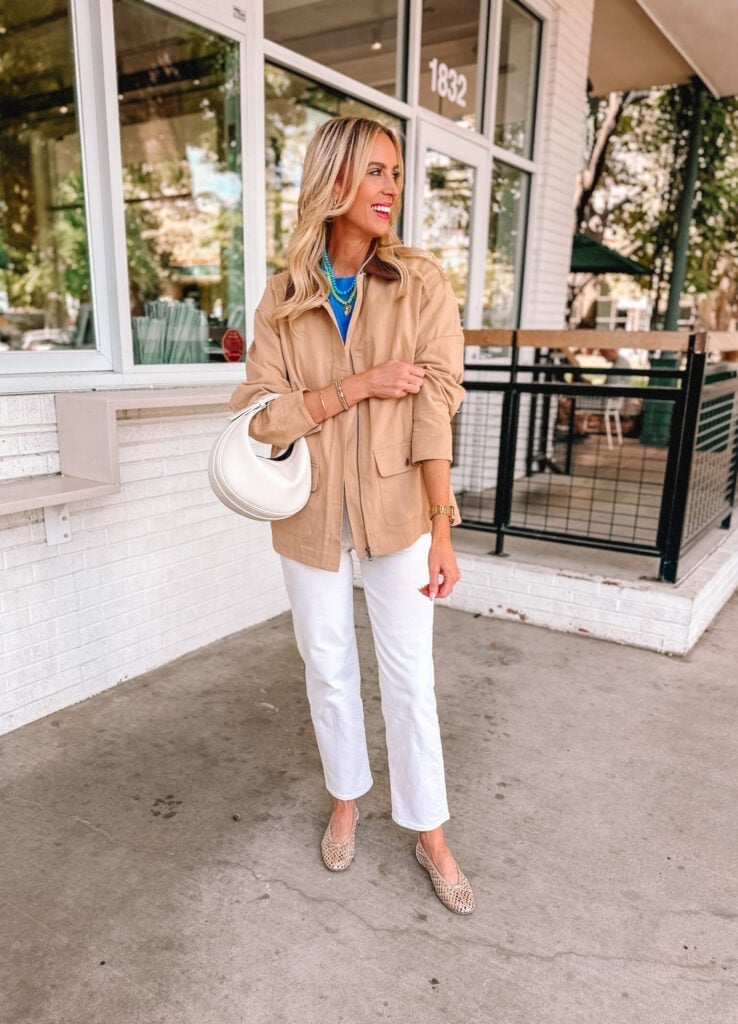 Tan Barn Jacket With Blue T-shirt And White Jeans — Trendy Barn Jacket Outfit
