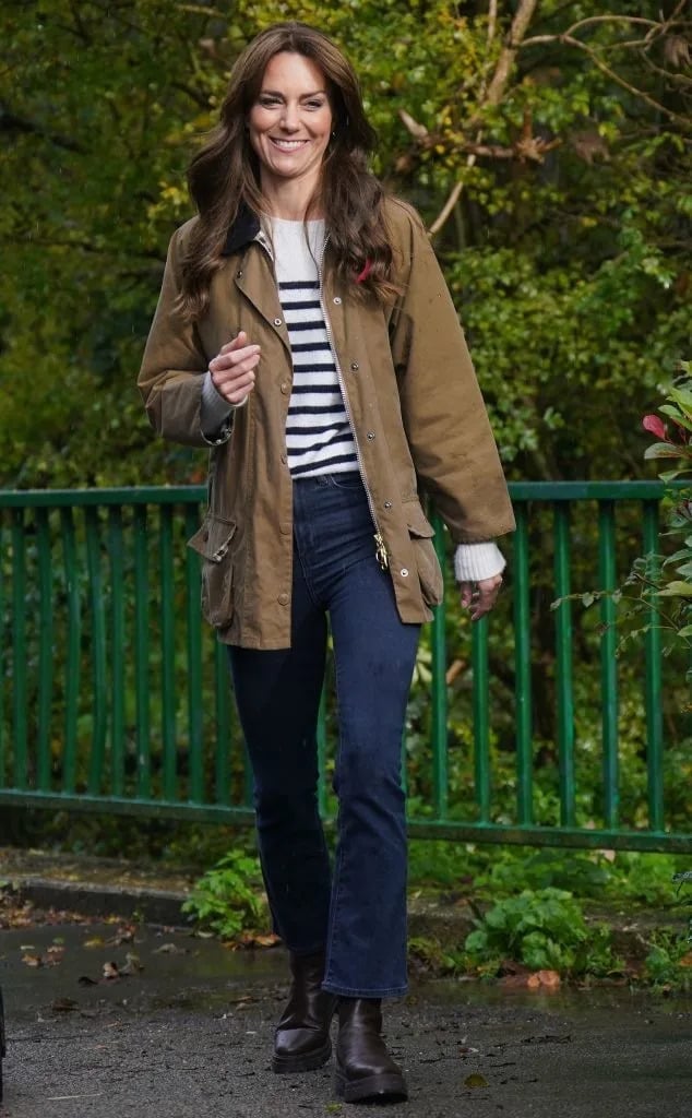 Brown Waxed Barn Jacket With Striped Sweater — Trendy Barn Jacket Outfit