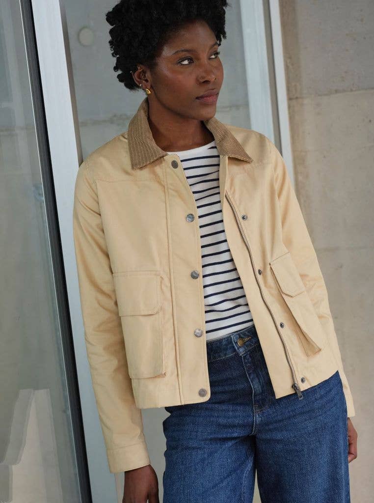 Beige Barn Jacket With Navy Striped T-shirt And Blue Jeans — Trendy Barn Jacket Outfit