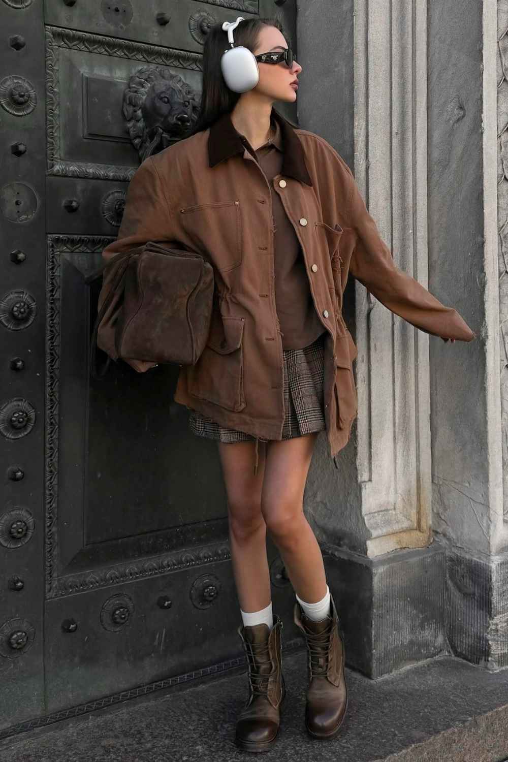 Brown Corduroy Barn Jacket With Plaid Mini Skirt — Trendy Barn Jacket Outfit