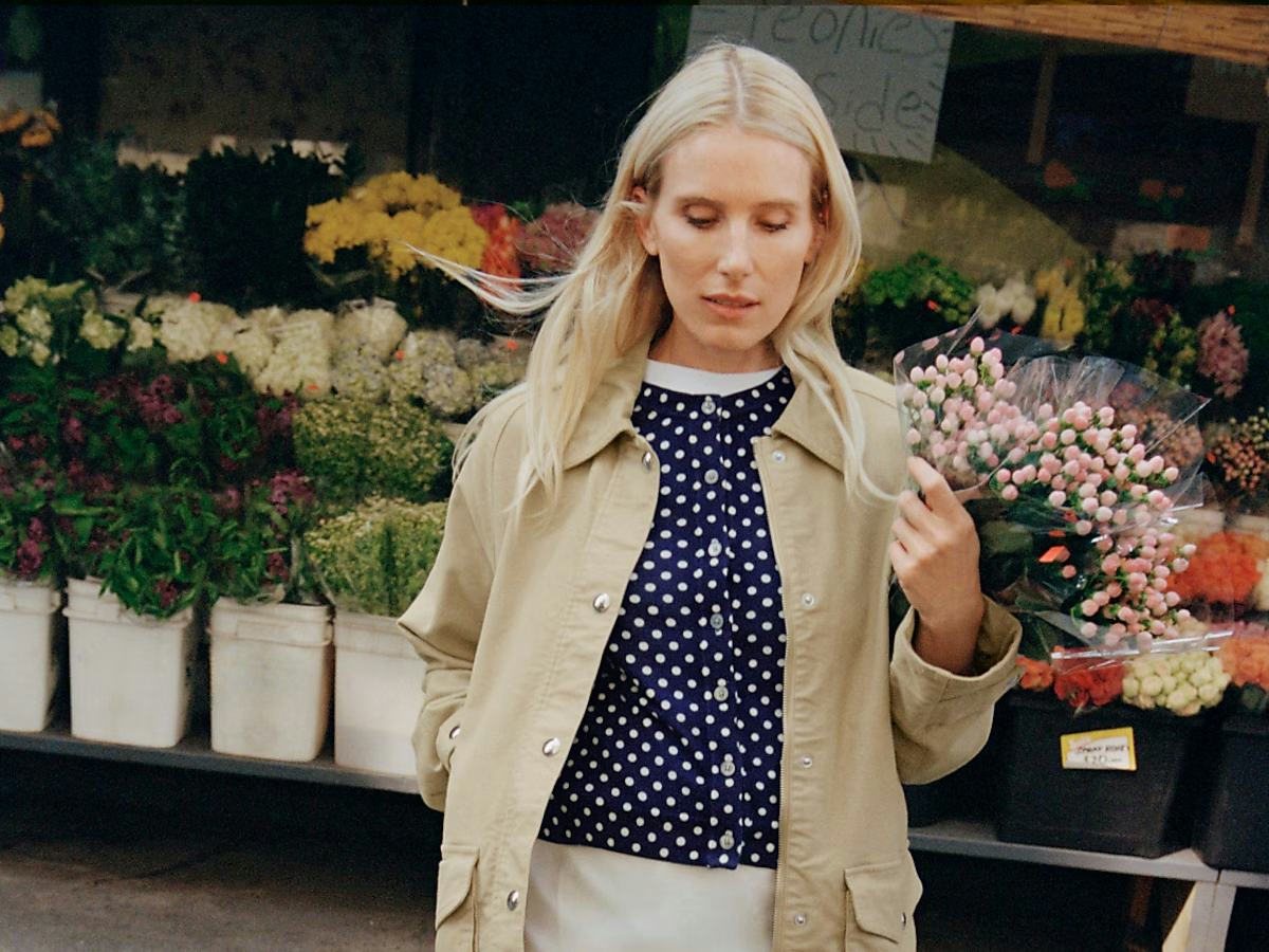Beige Barn Jacket With Polka Dot Blouse — Trendy Barn Jacket Outfit