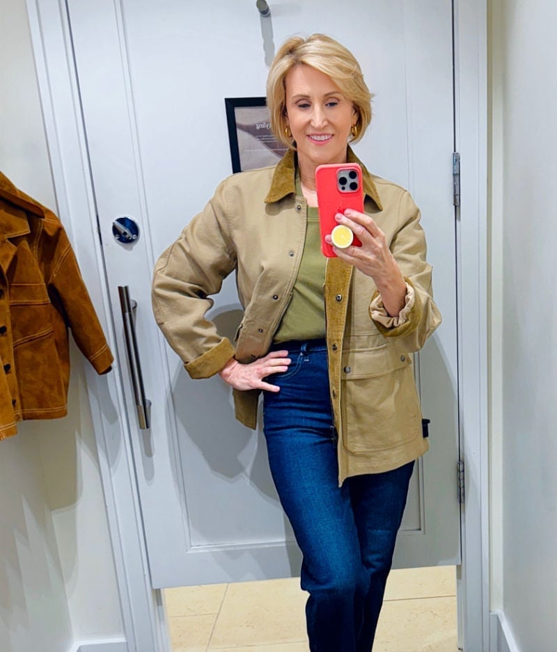 Tan Barn Jacket With Olive T-shirt And Dark Wash, Everyday Version — Trendy Barn Jacket Outfit