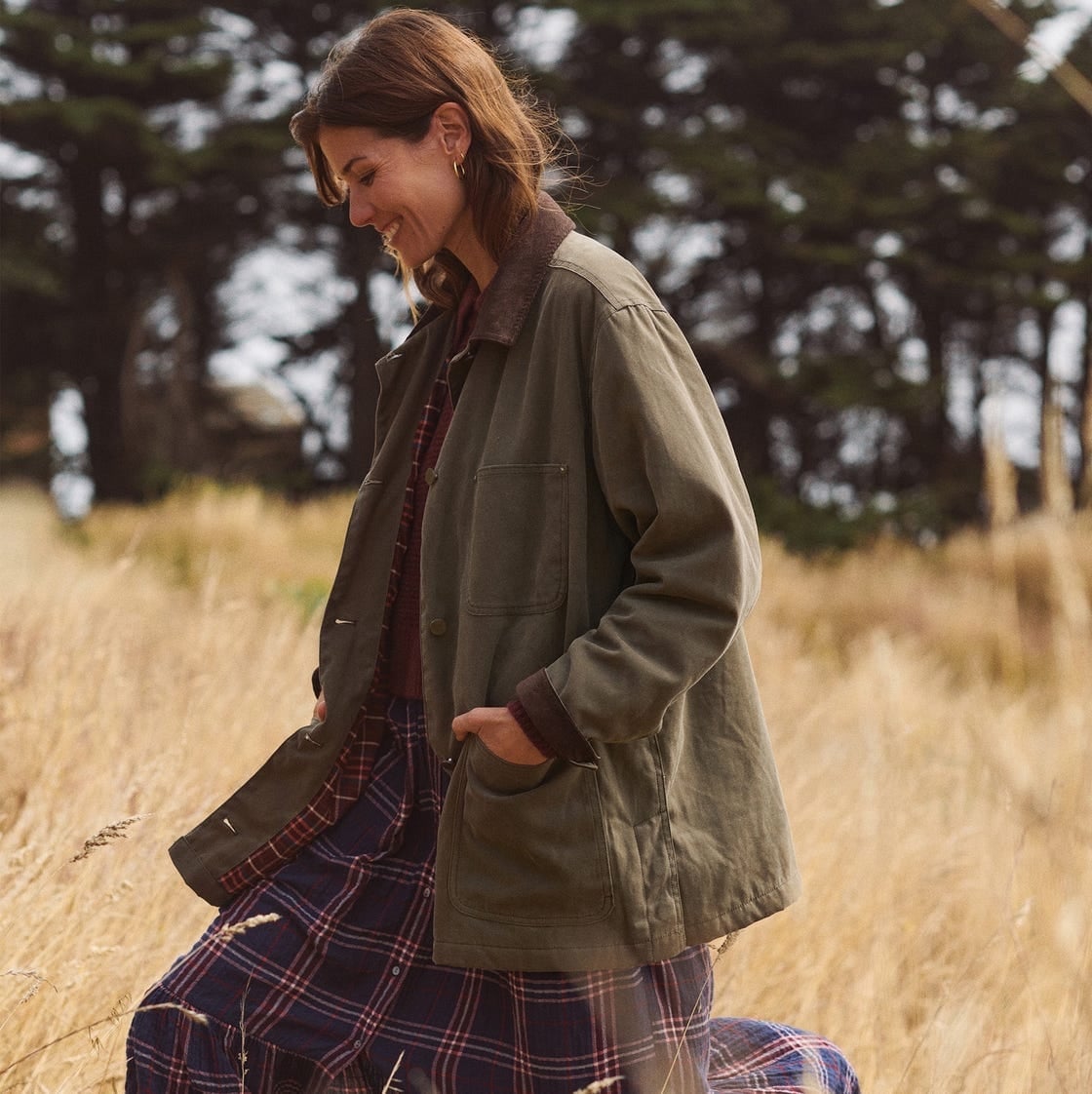 Olive Green Barn Jacket With Plaid Dress — Trendy Barn Jacket Outfit