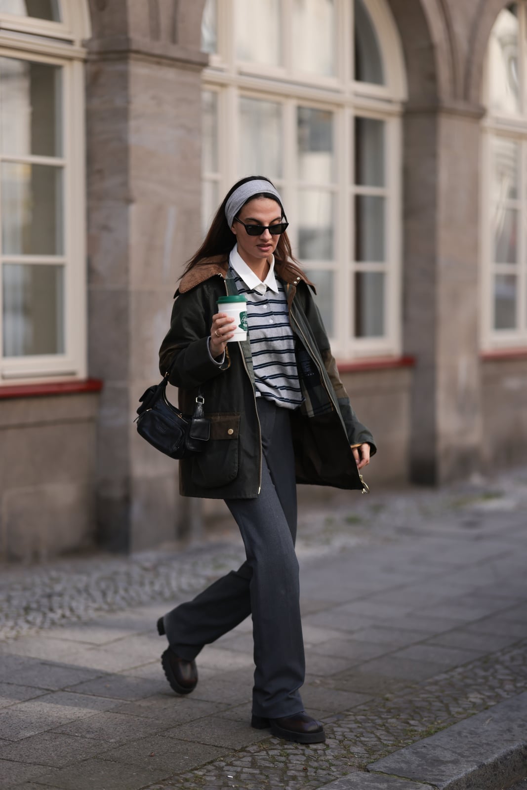 Dark Green Barn Jacket With Striped Shirt And Wide Leg Trousers — Trendy Barn Jacket Outfit