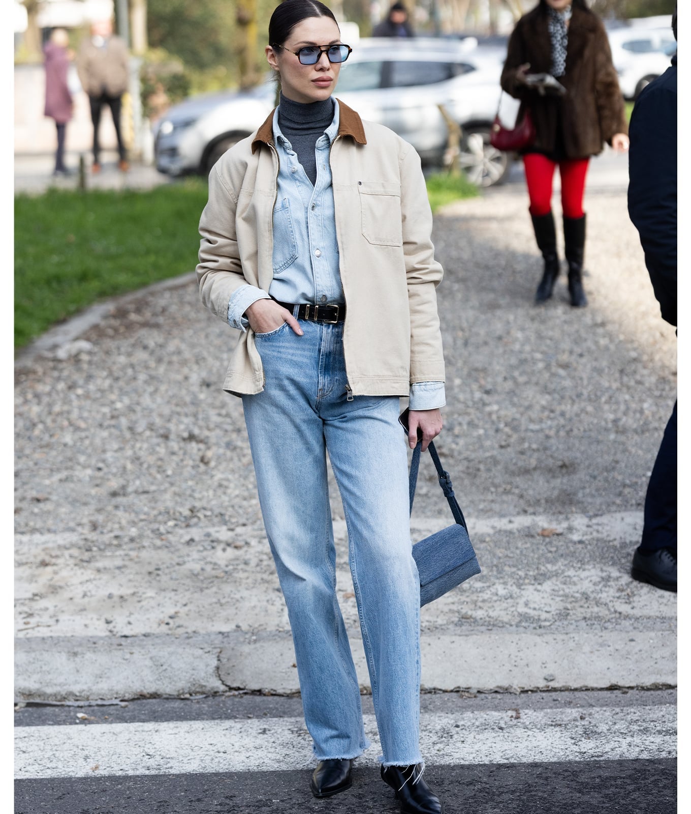 Beige Barn Jacket With Denim Shirt And Turtleneck — Trendy Barn Jacket Outfit