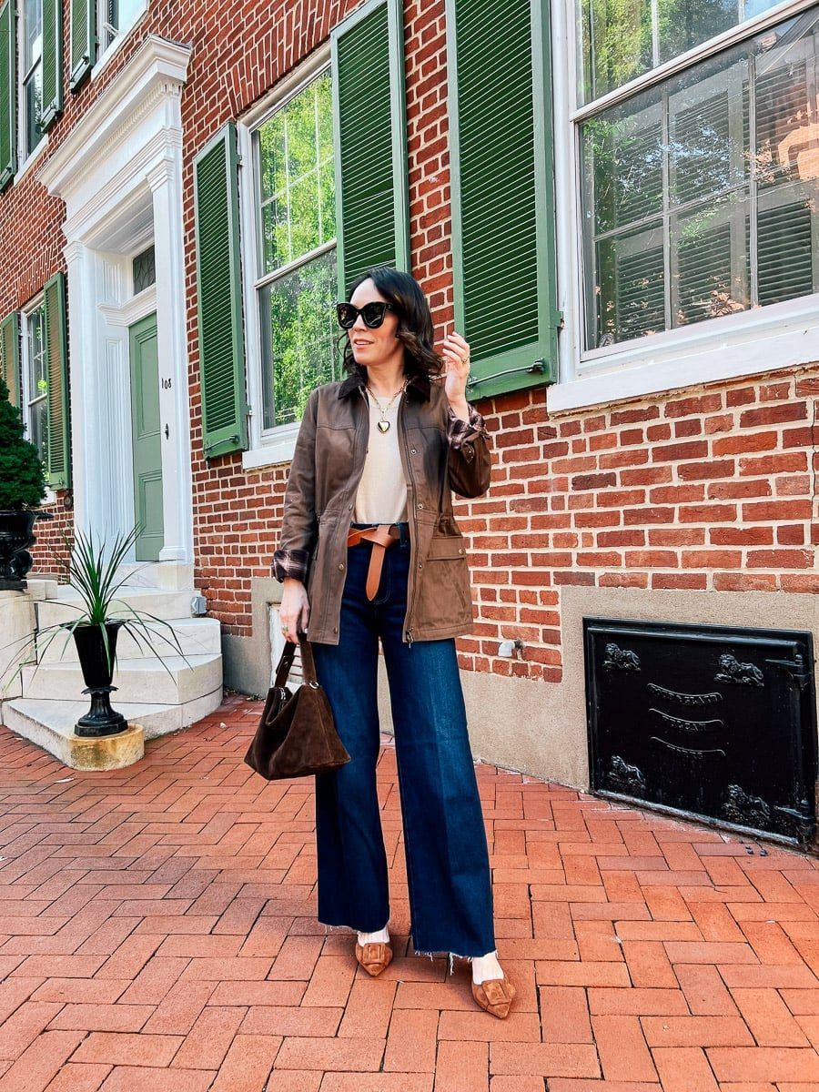 Brown Suede Barn Jacket With Wide Leg Jeans — Trendy Barn Jacket Outfit