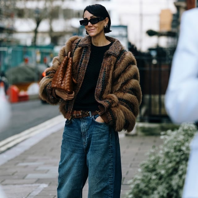 Textured Brown Faux Fur Jacket Over Black Sweater and Jeans — Trendy Basic Outfits
