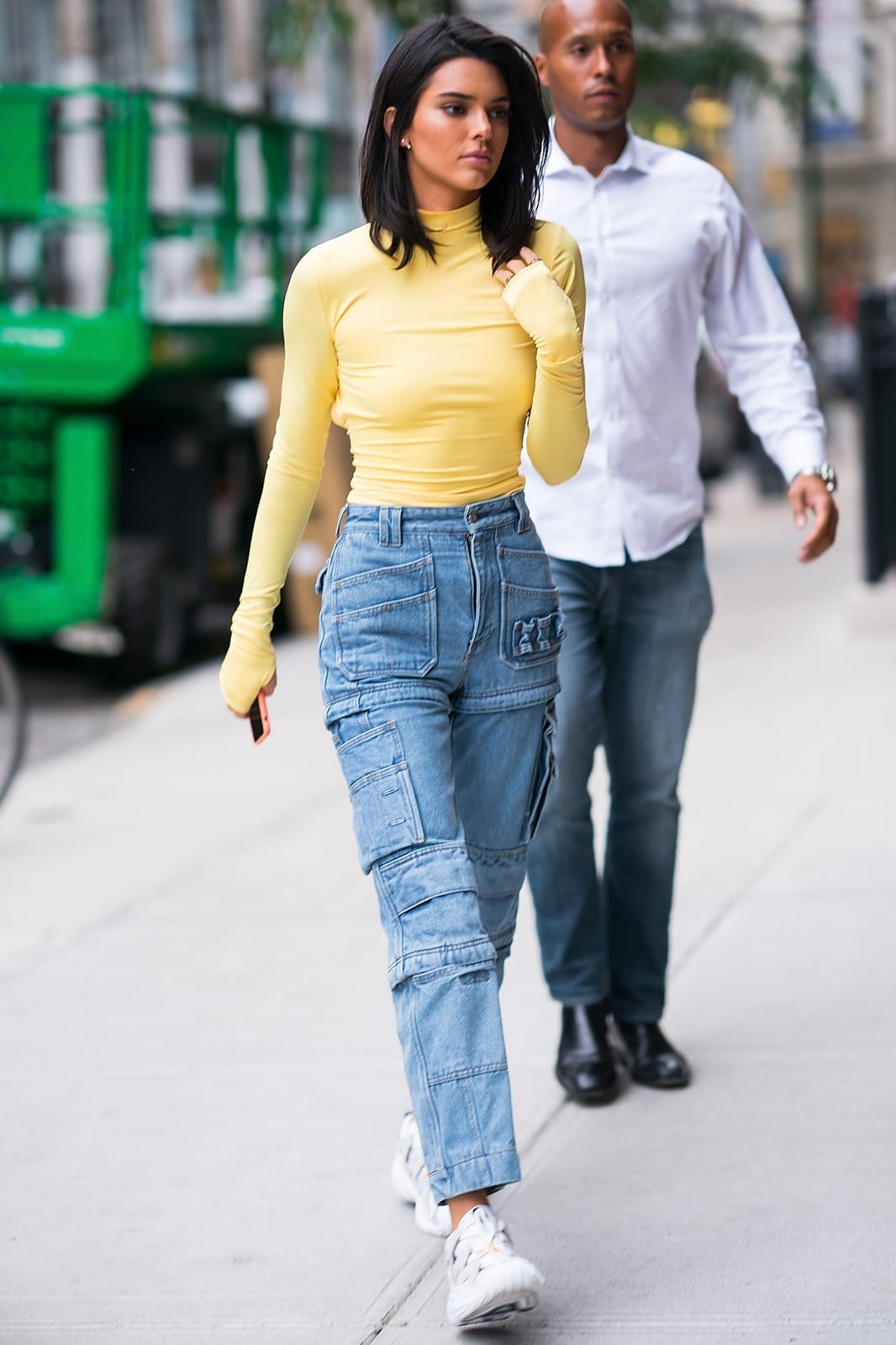 Yellow Turtleneck with Wide-Leg Denim Cargo Pants — Trendy Basic Outfits