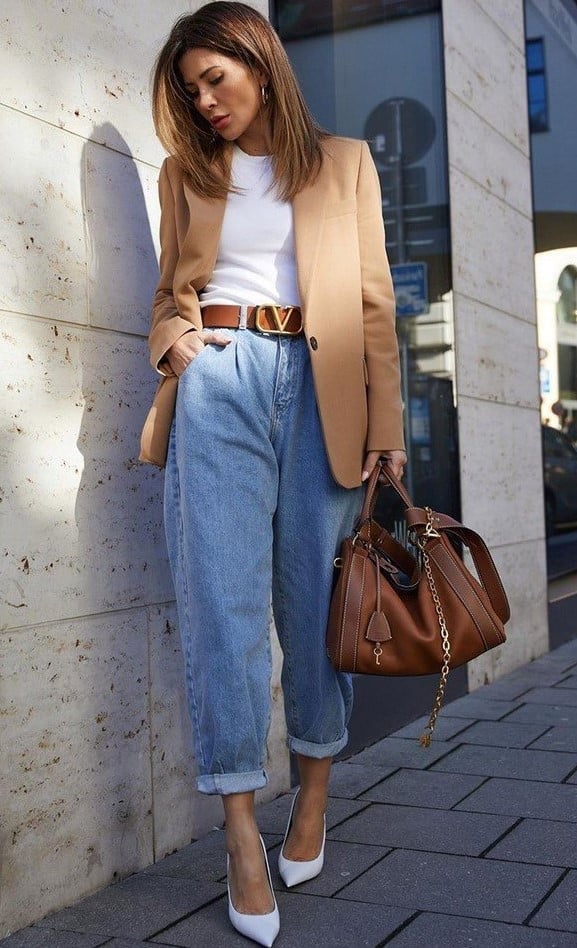 Camel Blazer Elevates a White Tee and Light Wash Denim — Trendy Basic Outfits