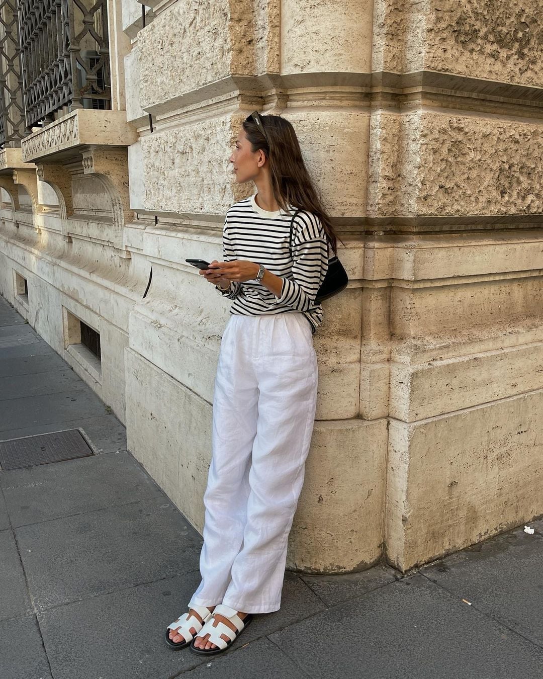 Striped Top with White Linen Trousers and Sandals — Trendy Basic Outfits