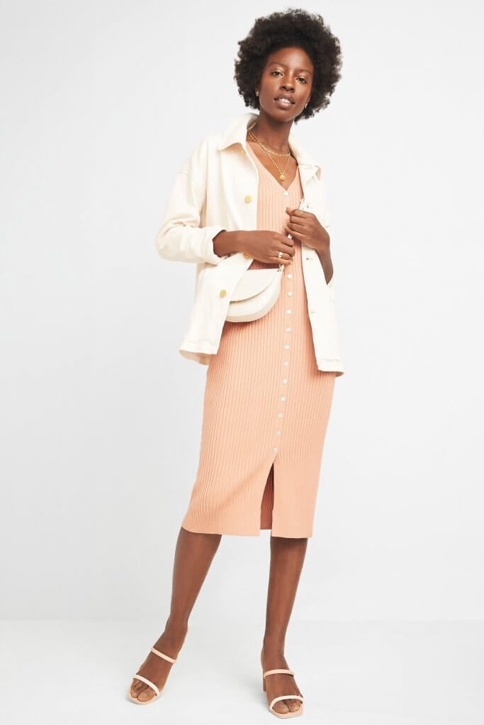 Peach Ribbed Knit Dress with Cream Shirt Jacket — Trendy Basic Outfits