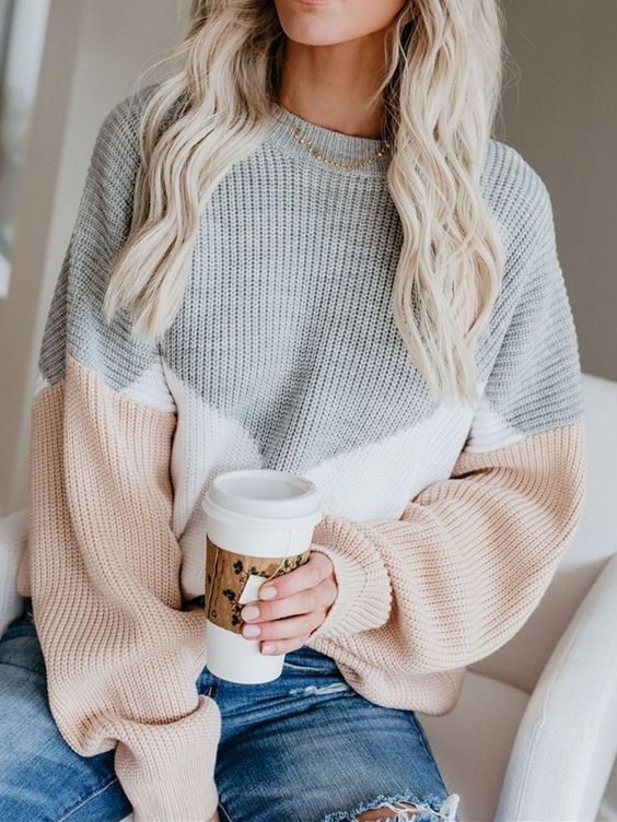 Color Block Knit Sweater with Blue Denim Jeans — Trendy Basic Outfits