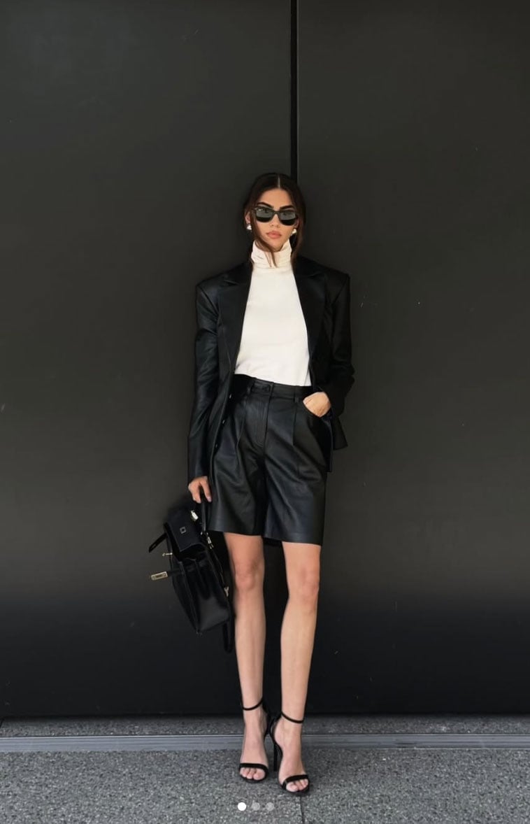 Chic Black Blazer with Leather Shorts and White Turtleneck — Trendy Basic Outfits
