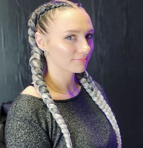 Two Thick Dutch Braids Grey and Black Two Thick Dutch Braids Grey and Black — Trendy Basketball Hairstyles