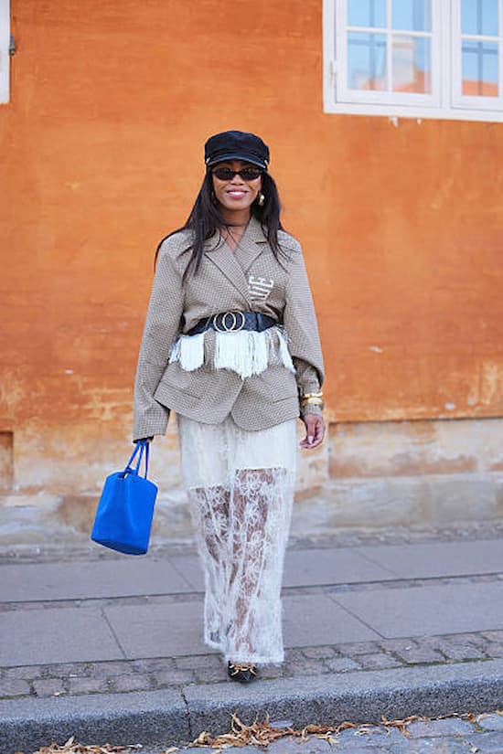 Fringed Belt With Patterned Blazer And Lace Dress — Trendy Belt Outfits