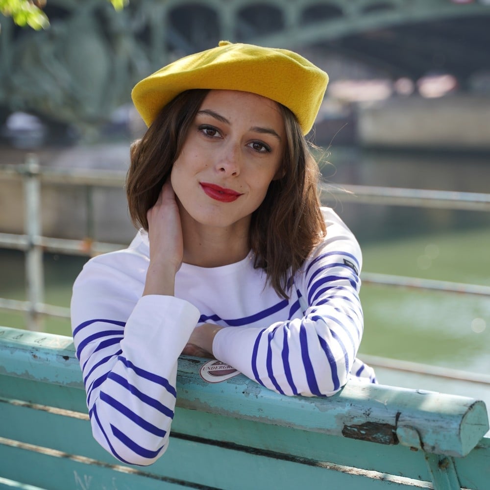 Yellow Beret with a Striped Long-Sleeve Shirt — Trendy Beret Outfits