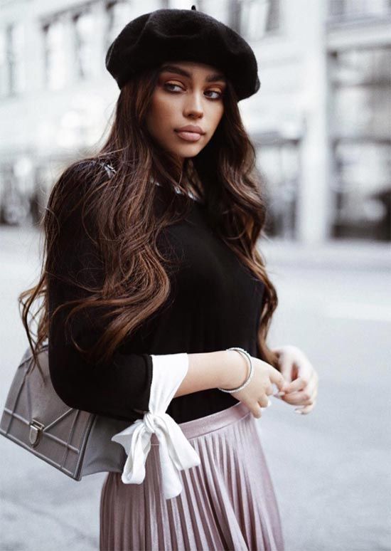 Wool Beret with Satin Skirt and Contrast Cuffs — Trendy Beret Outfits