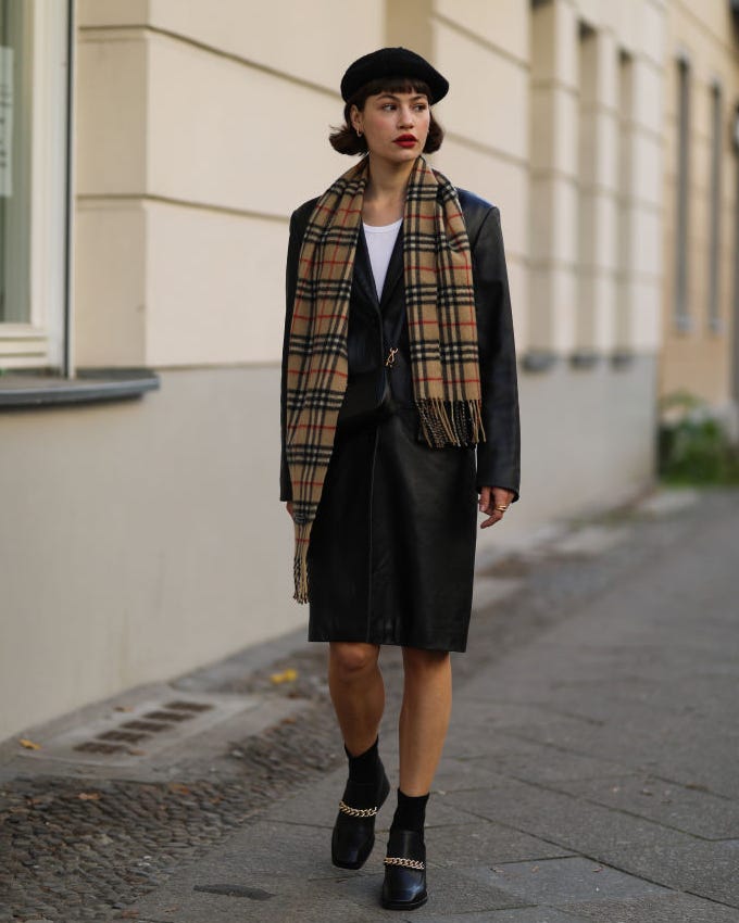Leather Blazer, Beret, and Plaid Scarf — Trendy Beret Outfits