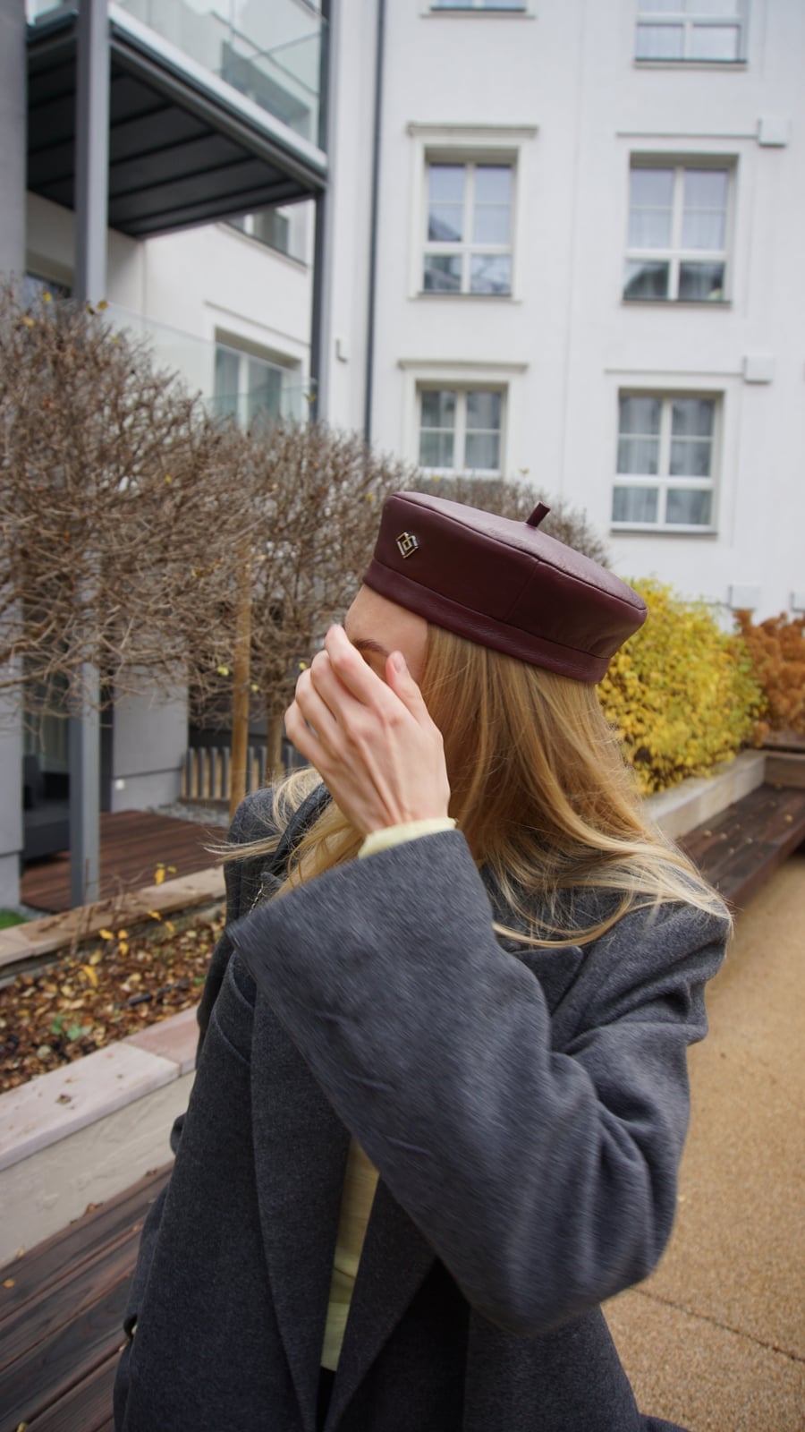Leather Beret with Wool Coat and Yellow Top — Trendy Beret Outfits