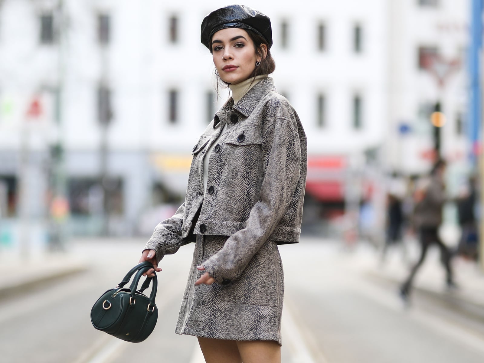 Leather Beret with a Snakeskin Print Matching Set — Trendy Beret Outfits