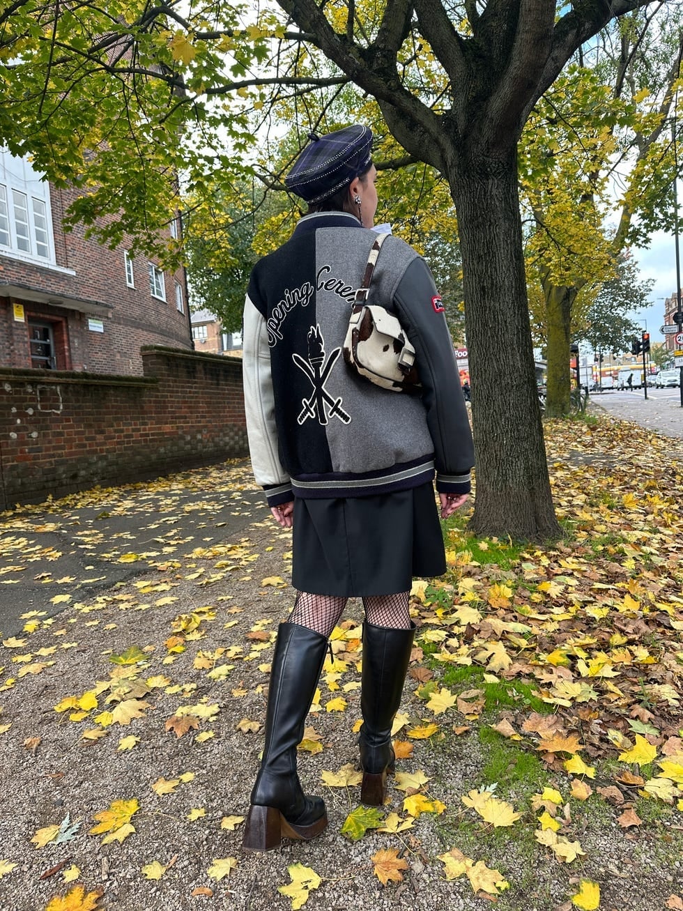 Varsity Jacket and Beret with Platform Boots — Trendy Beret Outfits